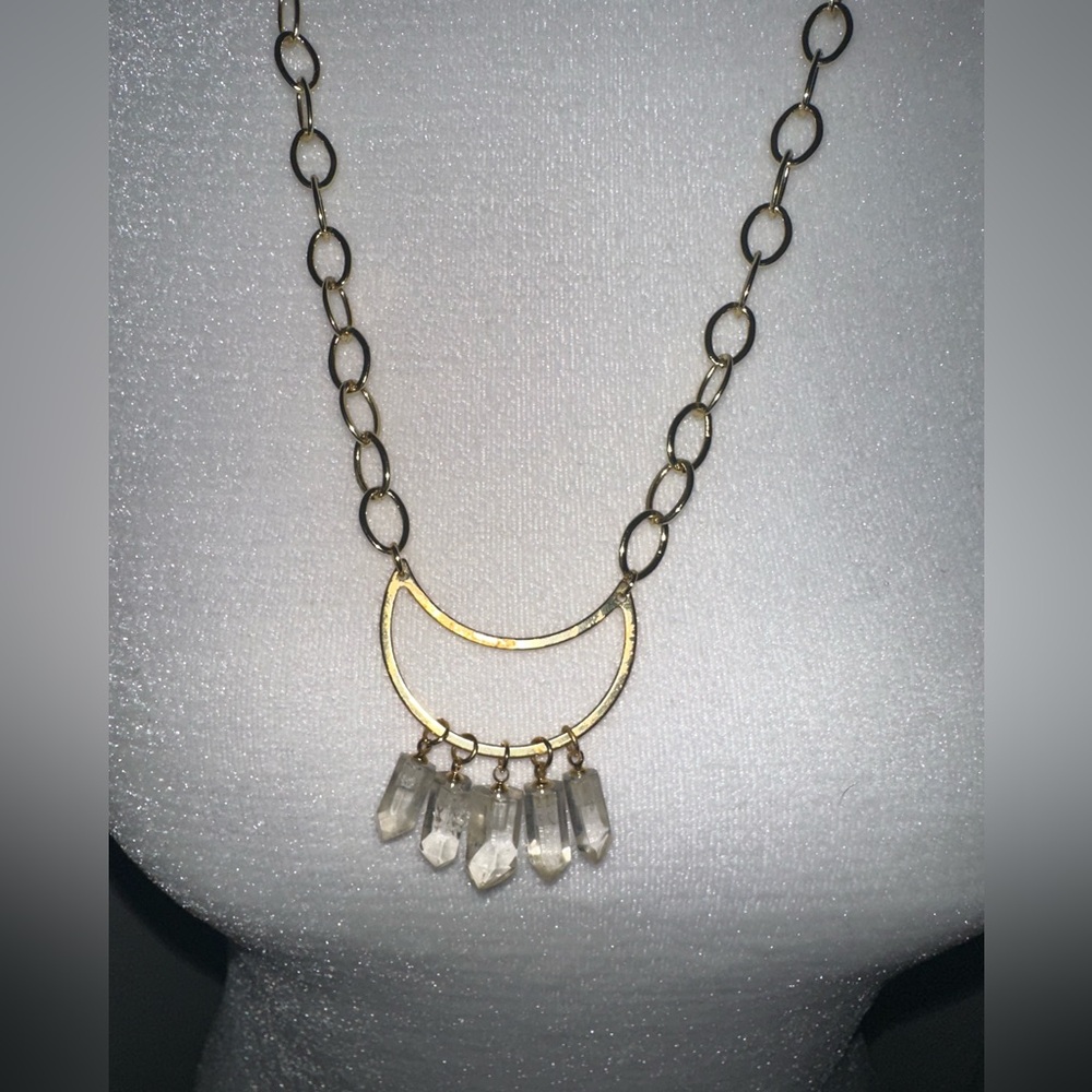 Highway Hippie Gold Crescent Necklace with Clear Quartz Dangles